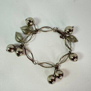 Vintage silver tone metal dangle cherry fruit bracelet